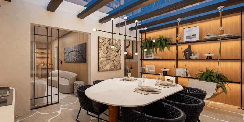 Illustrated perspective,  54 m² apt balcony and living room