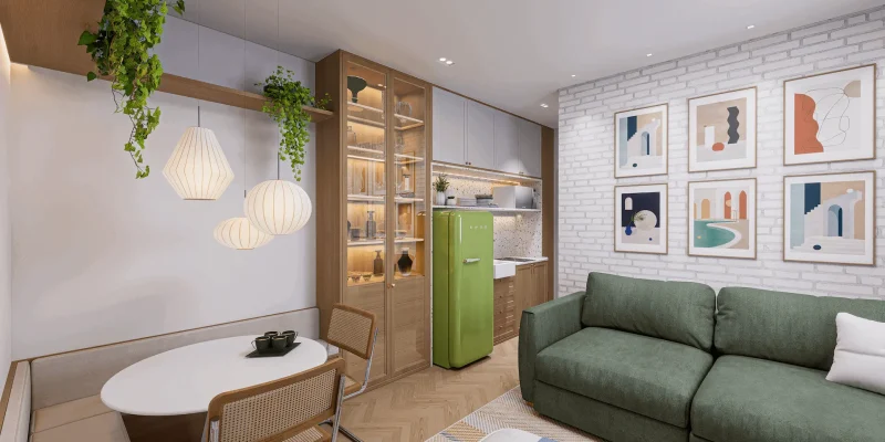 Illustrated perspective,  38 m² apt living room